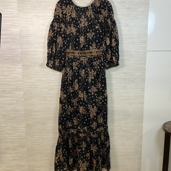 Free People Golden Hour Smocked Bodice Cotton Maxi Dress Black Combo Brown Med - Picture 12 of 15
